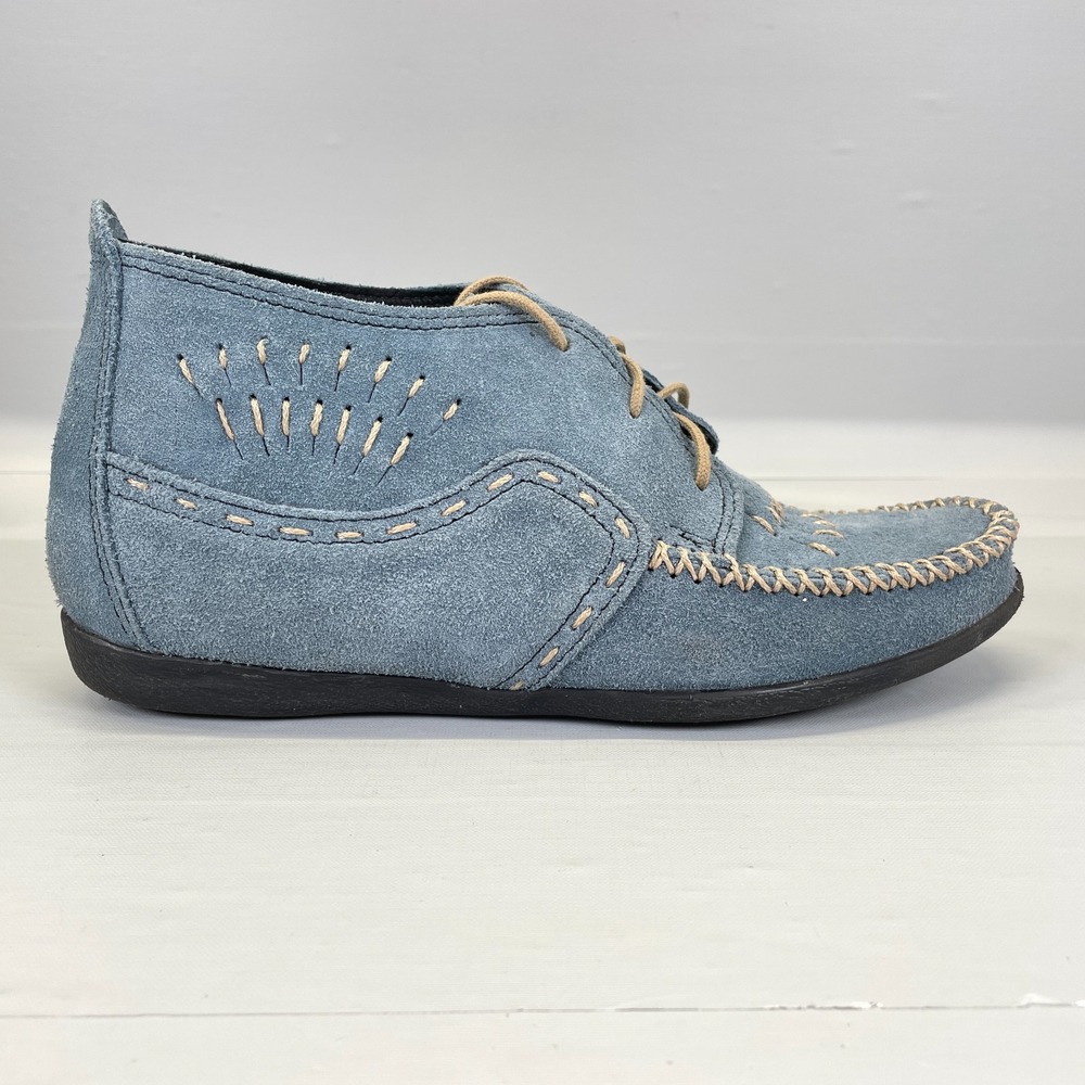 Vintage Minnetonka Moccasin Ankle Boots Womens Size 9 Blue Suede Lace Up Shoes